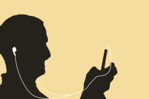 Employee listening to ipod grooving to Fingercheck's top songs for the work day.