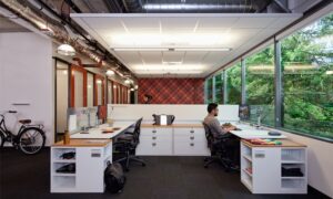 Man performs seated desk exercise in wide open layout office with scenic window view.