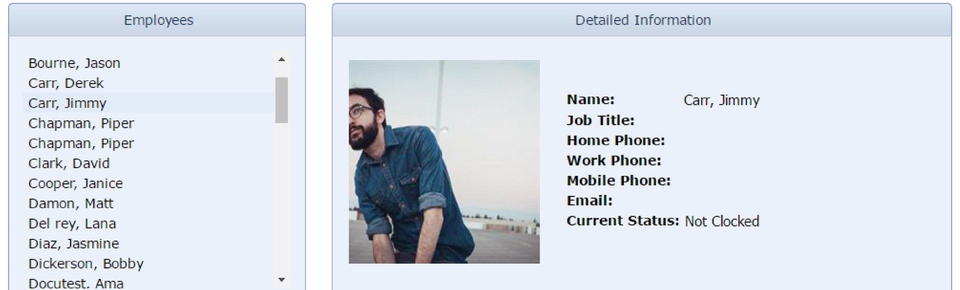 Employee’s clock status in employee directory.