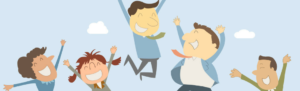 Business cartoons jumping celebrating the benefits of having an automated time and attendance system with employee self-service. Vector illustration of a flat design.