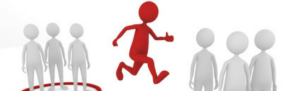 Cartoon of employee jumping from one grou of people to another symbolizing auto transfer punches from one task to another.