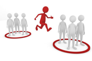 Cartoon of employee jumping from one grou of people to another symbolizing auto transfer punches from one task to another.