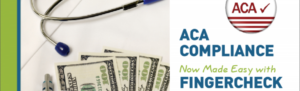 Doctor's coat, stethoscope, dollar bills tucked into pocket, Fingercheck ACA Compliance Tools logo.