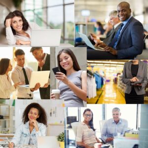 A collage of one company's global workforce in different offices and settings, uses Fingercheck to stay connected.