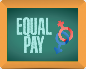illustration on chalkboard spells out equal pay with male and female symbols intertwined in lieu of California's new equal pay act.