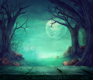 Eerie Halloween setting, forest, fog, full moon, trees.