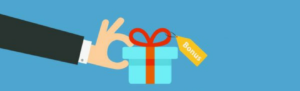 Illustrated manager giving holiday bonus in blue box with red bow tie to employee.