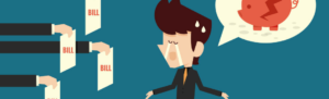 Tight-on-money businessman cartoon is confronted with the legal consequences of not being able to pay employees on time.