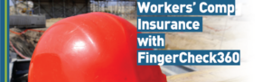Bright orange hard hat on construction worker site as background to announcing workers' comp insurance from Fingercheck.