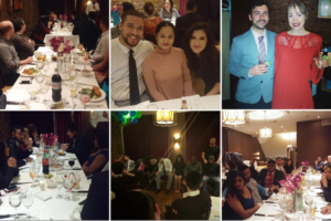 Collage of Fingercheck corporate party, showing employees, guests, food and fun.