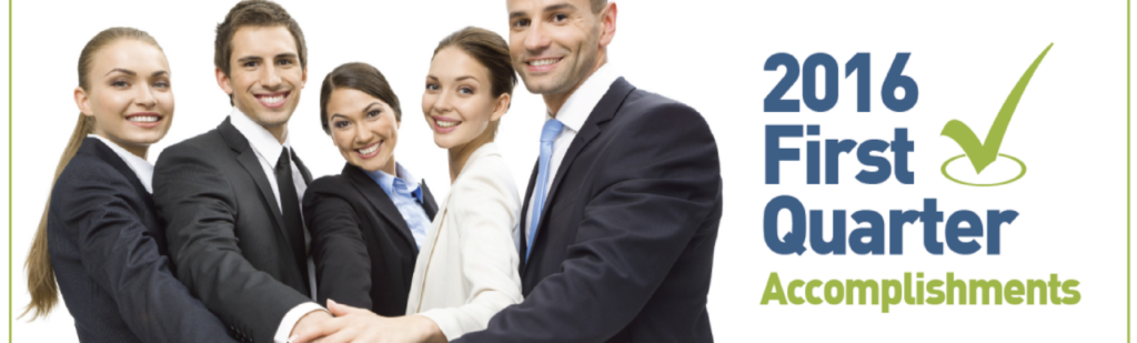 2016 first quarter accomplishments text overlay and logo on business team with hands placed in the center.