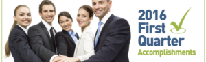 2016 first quarter accomplishments text overlay and logo on business team with hands placed in the center.