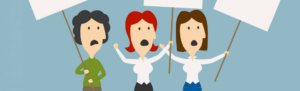 Flat illustration of three retail workers protesting pending bill to cut Sunday overtime in Massachusetts.