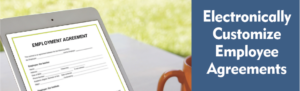 New hire e-signs a PDF with fields mapped from the onboarding process outside in fresh air and sunshine with coffee mug.