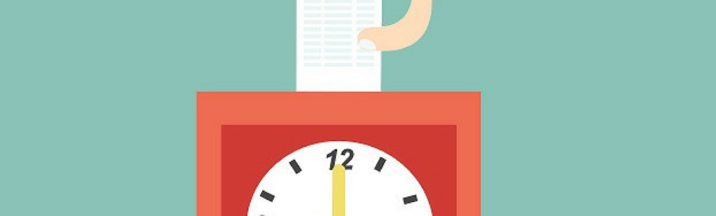 Cartoon hand putting card in time clock representing recording time worked for on-call and/or traveling employees.