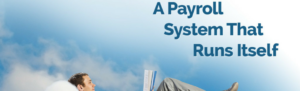 Businessman relaxes on cloud with laptop symbolic of relaxing with Fingercheck's auto-run payroll.