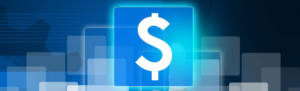 Hand taps electronic ACH payment method in digital visual of dollar sign.