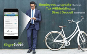 Young hip businessman next to parked bicycle updating his tax withholding and direct deposit using Fingercheck mobile.