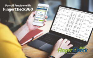 Busienss owners runs Fingercheck payroll preview on laptop to project payroll costs.