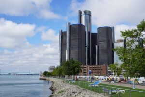 Detroit skyline during a city-wide payroll glitch.