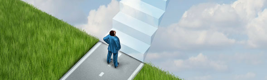 Aerial view of businessman cartoon preparing to climb staircase symbolic of readiness to conquer challenge of returning to work after taking a leave of absence.