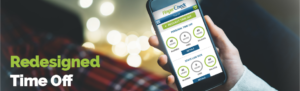 Woman sitting at home in pajamas with coffee cup looking at smartphone viewing Fingercheck's new and improved employee time off interface.