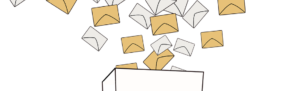 Illustrated letters in envelopes falling from sky into box to signify labor law and business news of 2016.