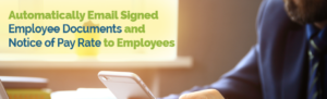 Businessman's hands up close, typing while looking at phone checking that the signed forms and NYS notice of pay rate have been sent through Fingercheck Payroll.