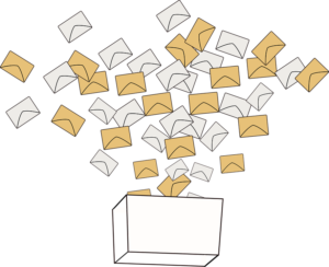 Illustrated letters in envelopes falling from sky into box to signify labor law and business news of 2016.