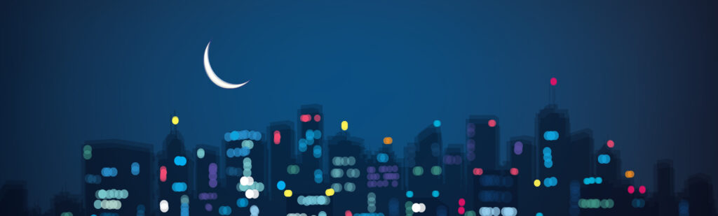 Illustrated city night-time sky and crescent moon hang over buildings indicating overnight shift for Fingercheck's new time card feature.