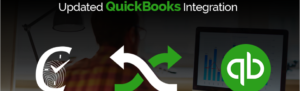 FingerCheck logo with arrows crossing with Quickbooks Desktop logo, office manager in background using the new tool for enhanced import/export Fingercheck has created.