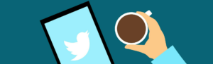 Cartoon illustration of coffee cup and Twitter on tablet concept of employee posting a tweet and possibility of being fired for it.