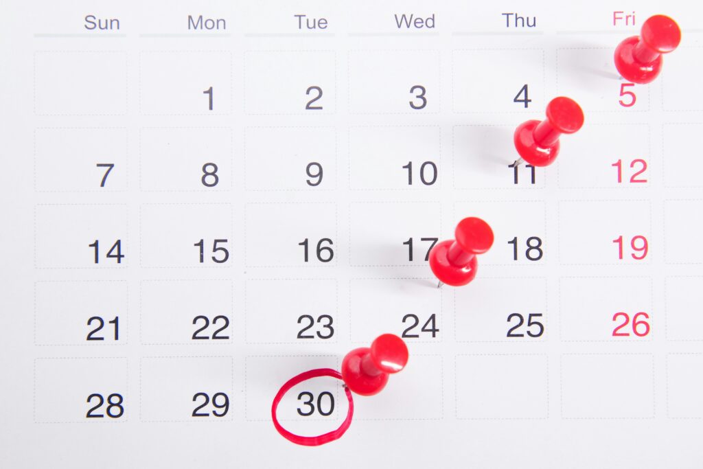 Calendar schedule with weekly days marked with pushpins.