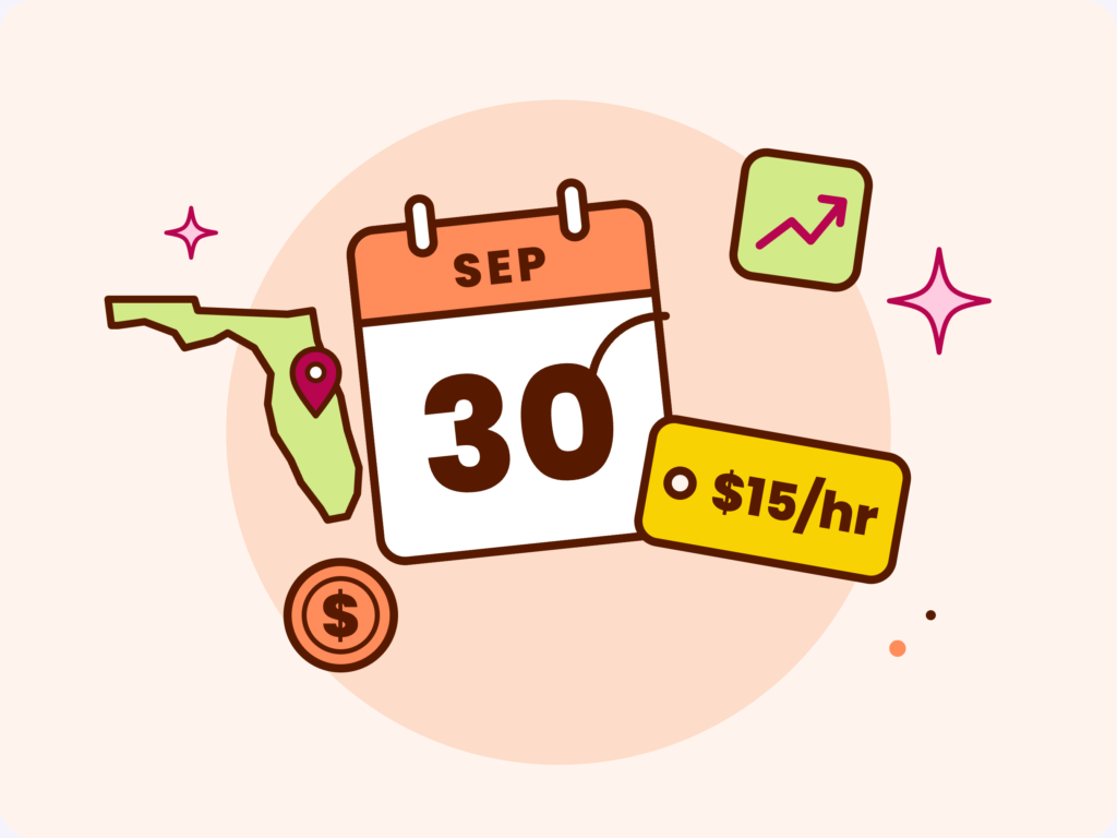 Illustration of Florida state with a calendar showing September 30 and a minimum wage increase to $15/hr